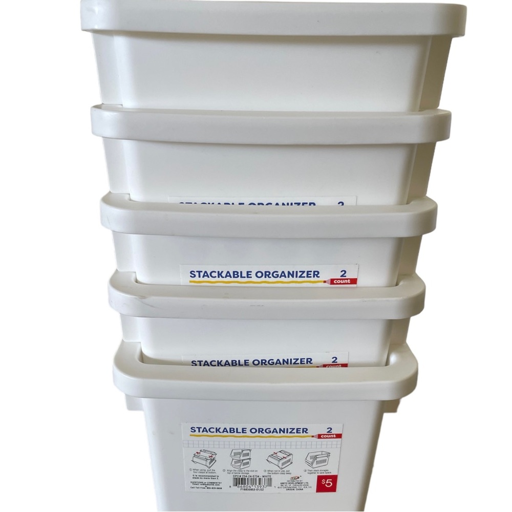 New 5 White Stackable Organizer Bins Plastic Wipeable Space Saver Compact